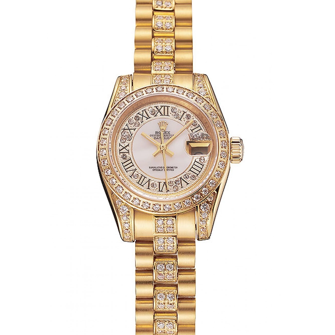Aaa replica watch DayJust White Dial Bracelet Diamond Rolex Pave Swiss 1453957 Diamond Gold 0706